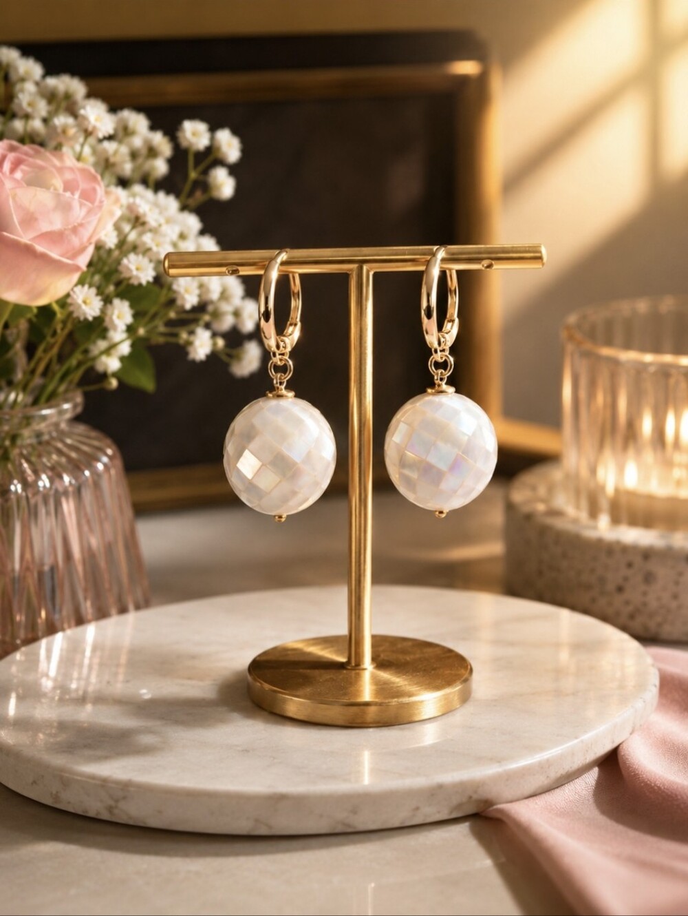 18k Gold Plated Stainel Oval Hoop and Mosaic Mother Of Pearl Ball  Earrings